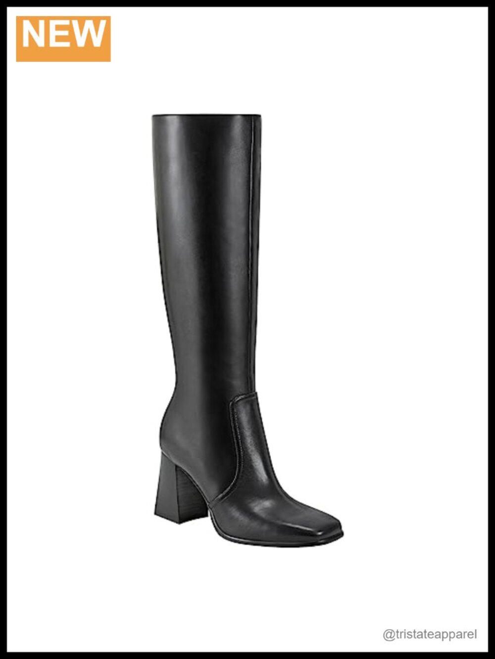 Leather Knee High Block Heel Boots Square Toe Zip Closure
